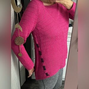 NIC+ZOE Vibrant Pink textured asymmetrical ribbed knit Sweater Side laced detail